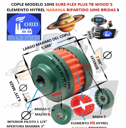 10HS COPLE TB WOOD´S SURE-FLEX HYTREL NARANJA BIPARTIDO EXTERIOR 7.500” LARGO 5.688”
