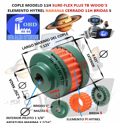 11H COPLE TB WOOD´S SURE-FLEX HYTREL NARANJA CERRADO EXTERIOR 8.625” LARGO 7.125”