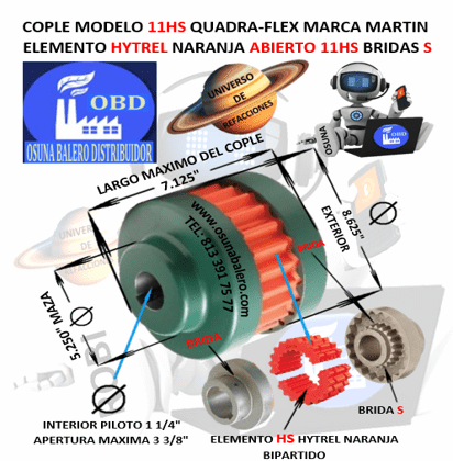 11HS COPLE MARTIN QUADRA-FLEX HYTREL NARANJA BIPARTIDO EXTERIOR 8.625” LARGO 7.125”