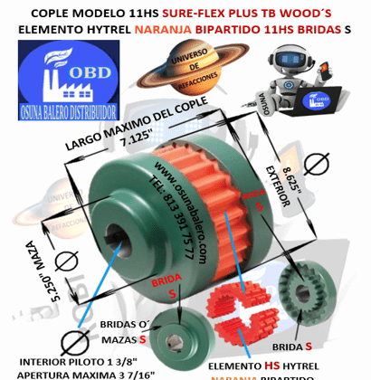 11HS COPLE TB WOOD´S SURE-FLEX HYTREL NARANJA BIPARTIDO EXTERIOR 8.625” LARGO 7.125”