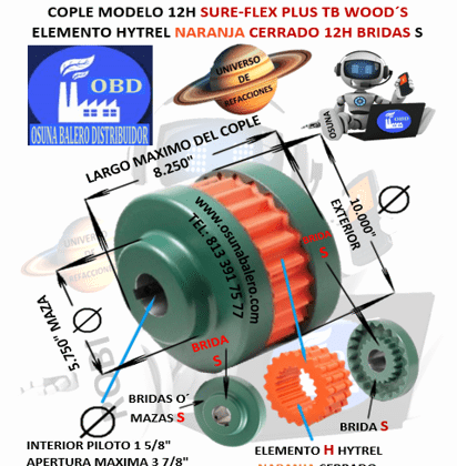 12H COPLE TB WOOD´S SURE-FLEX HYTREL NARANJA CERRADO EXTERIOR 10.000” LARGO 8.250”