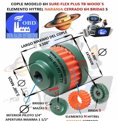 6H COPLE TB WOOD´S SURE-FLEX HYTREL NARANJA CERRADO EXTERIOR 4.000” LARGO 3.500”