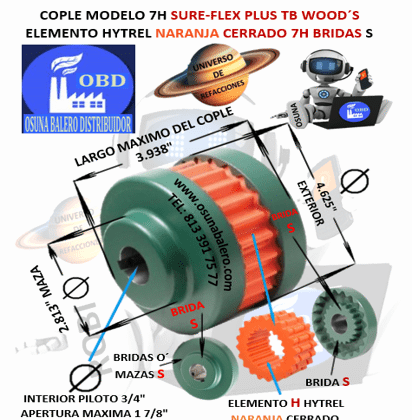 7H COPLE TB WOOD´S SURE-FLEX HYTREL NARANJA CERRADO EXTERIOR 4.625” LARGO 3.938”