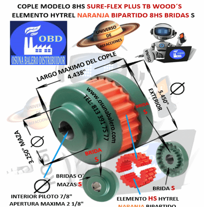 8HS COPLE TB WOOD´S SURE-FLEX HYTREL NARANJA BIPARTIDO EXTERIOR 5.450” LARGO 4.438”