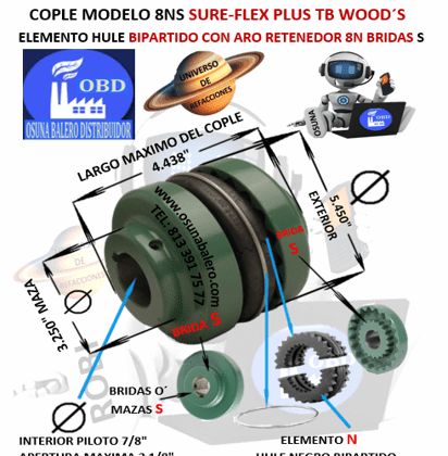 8NS COPLE TB WOOD´S SURE-FLEX BIPARTIDO CON ARO RETENEDOR EXTERIOR 5.450” LARGO 4.438”