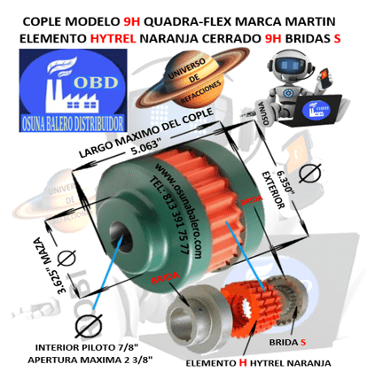 9H COPLE MARTIN QUADRA-FLEX HYTREL NARANJA CERRADO EXTERIOR 6.350” LARGO 5.063”