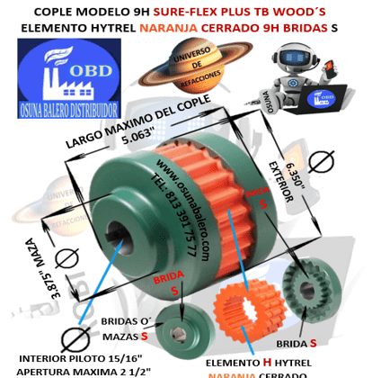 9H COPLE TB WOOD´S SURE-FLEX HYTREL NARANJA CERRADO EXTERIOR 6.350” LARGO 5.063”