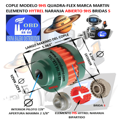 9HS COPLE MARTIN QUADRA-FLEX HYTREL NARANJA BIPARTIDO EXTERIOR 6.350” LARGO 5.063”