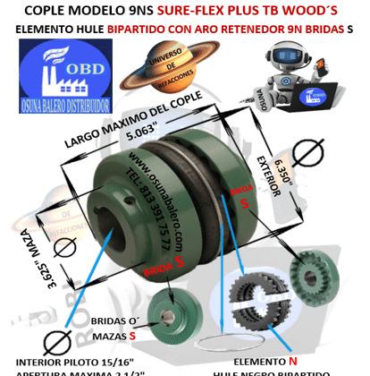 9NS COPLE TB WOOD´S SURE-FLEX BIPARTIDO CON ARO RETENEDOR EXTERIOR 6.350” LARGO 5.063”