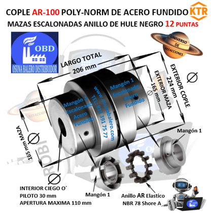 AR-100 COPLE POLY-NORM KTR DE HIERRO FUNDICION CON ANILLO DE HULE NEGRO EXTERIOR =224mm LARGO =206mm MAZA=165mm