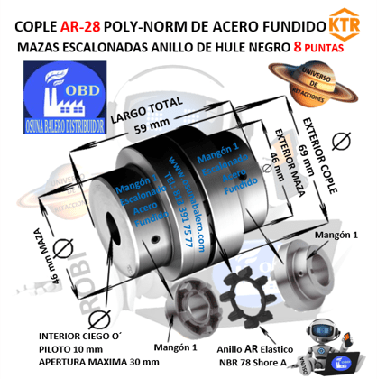 AR-28 COPLE POLY-NORM KTR DE HIERRO FUNDICION CON ANILLO DE HULE NEGRO EXTERIOR =69mm LARGO =59mm MAZA=46mm