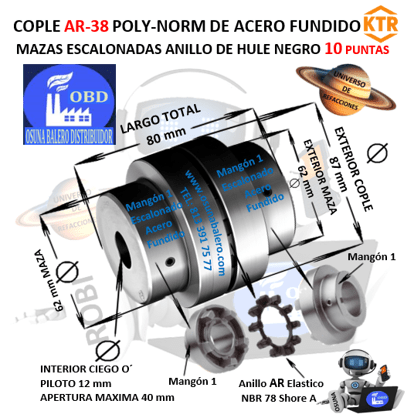 AR-38 COPLE POLY-NORM KTR DE HIERRO FUNDICION CON ANILLO DE HULE NEGRO EXTERIOR =87mm LARGO =80mm MAZA=62mm