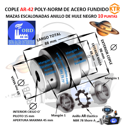 AR-42 COPLE POLY-NORM KTR DE HIERRO FUNDICION CON ANILLO DE HULE NEGRO EXTERIOR =96mm LARGO =88mm MAZA=69mm