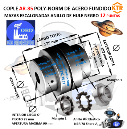 AR-85 COPLE POLY-NORM KTR DE HIERRO FUNDICION CON ANILLO DE HULE NEGRO EXTERIOR =182mm LARGO =175mm MAZA=139mm