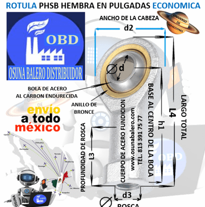 PHSB-3 L ROTULA HEMBRA IZQUIERDA MARCA OBD d=3/16" d3= ROSCA 10-32
