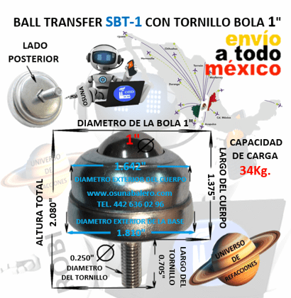SBT-1 BALL TRANSFER BOLA DE ACERO 1” TORNILLO INFERIOR 1/4”
