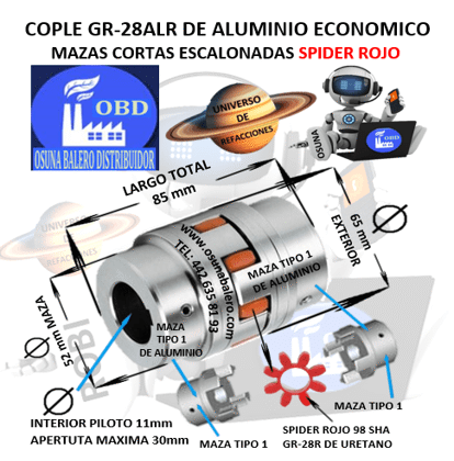 GR-28ALR ECONOMIC COPLE TIPO 1 DE ALUMINIO MAZAS ESCALONADAS EXTERIOR 65mm LARGO 85mm