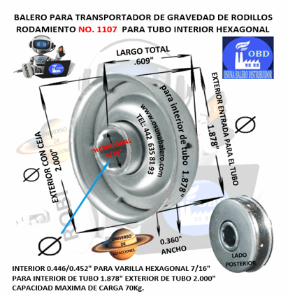 1107 RODAMIENTO INTERIOR HEXAGONAL 7/16” PARA INTERIOR DE TUBO 1.878"