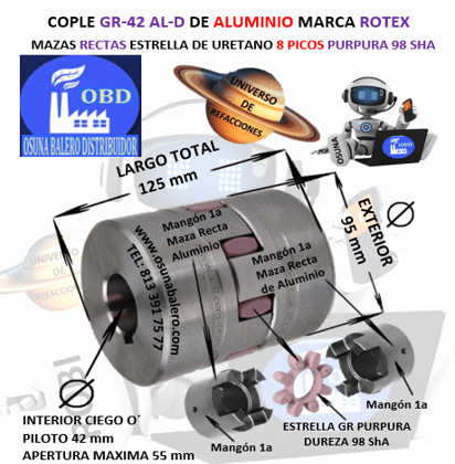 GR-42 AL-D COPLE ROTEX ( KTR ) DE ALUMINIO MAZAS RECTAS (1a) PILOTO CON SPIDER 98ShA PURPURA EXTERIOR 95mm LARGO 126mm