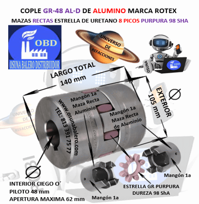 GR-48 AL-D COPLE ROTEX ( KTR ) DE ALUMINIO MAZAS RECTAS (1a) PILOTO CON SPIDER 98ShA PURPURA EXTERIOR 105mm LARGO 140mm