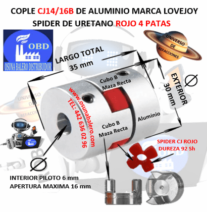 CJ14/16B COPLE LOVEJOY DE ALUMINIO MAZAS RECTAS EXTERIOR 30mm LARGO 35mm SPIDER CJ14 DUREZA 92A ROJO NO. PARTE 68514461983