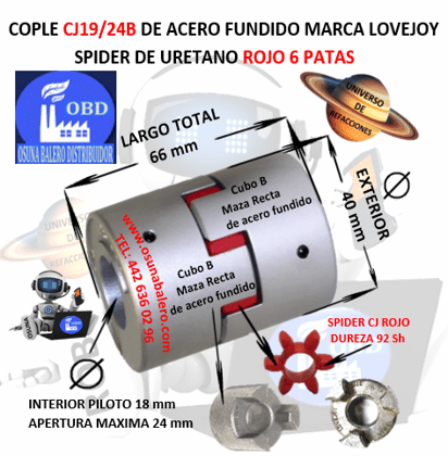CJ19/24B COPLE LOVEJOY DE FIERRO MAZAS RECTAS EXTERIOR 40mm LARGO 66mm SPIDER CJ19 DUREZA 98A ROJO NO. PARTE 68514461154