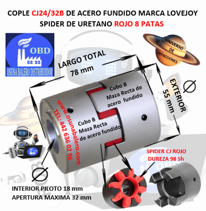 CJ24/32B COPLE LOVEJOY DE FIERRO MAZAS RECTAS EXTERIOR 55mm LARGO 78mm SPIDER CJ24 DUREZA 98A ROJO NO. PARTE 68514460880