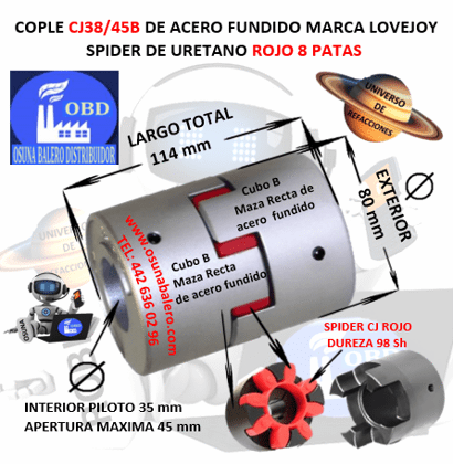 CJ38/45B COPLE LOVEJOY DE FIERRO MAZAS RECTAS EXTERIOR 80mm LARGO 114mm SPIDER CJ38 DUREZA 98A ROJO NO. PARTE 68514460882