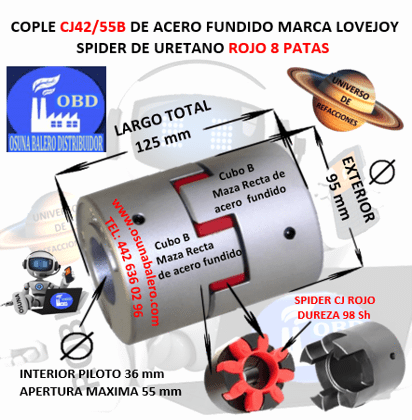 CJ42/55B COPLE LOVEJOY DE FIERRO MAZAS RECTAS EXTERIOR 95mm LARGO 125mm SPIDER CJ42 DUREZA 98A ROJO NO. PARTE 68514462048