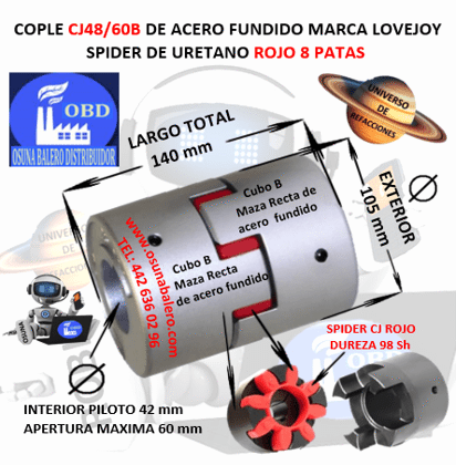 CJ48/60B COPLE LOVEJOY DE FIERRO MAZAS RECTAS EXTERIOR 105mm LARGO 140mm SPIDER CJ48 DUREZA 98A ROJO NO. PARTE 68514462059