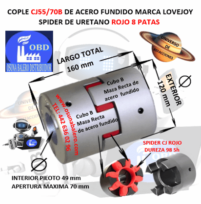 CJ55/70B COPLE LOVEJOY DE FIERRO MAZAS RECTAS EXTERIOR 120mm LARGO 160mm SPIDER CJ55 DUREZA 98A ROJO NO. PARTE 68514462060