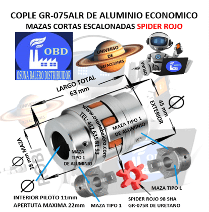 GR-075ALR COPLE DE ALUMINIO MAZAS ESCALONADAS ECONOMICO EXTERIOR 45mm LARGO 63mm