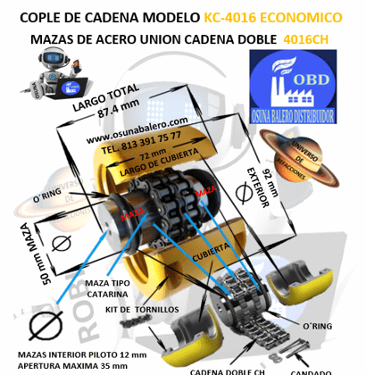 KC 4016 COPLE DE CADENA PASO 40 DE 16 DIENTES EXTERIOR 92mm LARGO 87.4mm