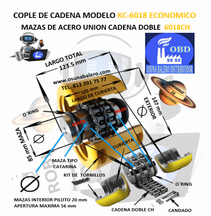 KC 6018 COPLE DE CADENA PASO 60 DE 18 DIENTES EXTERIOR 147.00mm LARGO 123.5mm