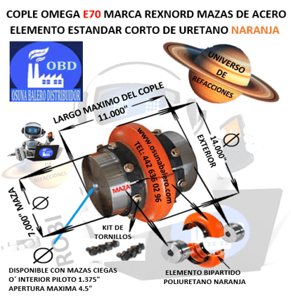 E70 COPLE OMEGA REXNORD BARRENO PILOTO EXTERIOR 14” LARGO 11”