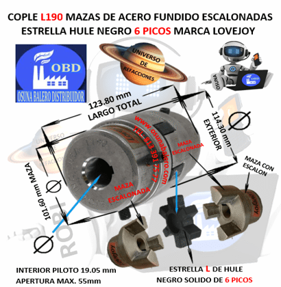 L190 COPLE LOVEJOY TIPO L DE ACERO BARRENO PILOTO 3/4" EXTERIOR 114.3mm LARGO 123.80mm