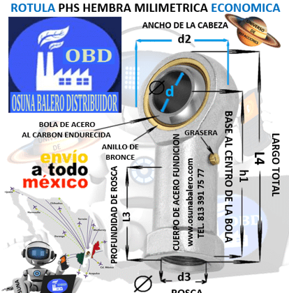 PHS-12 L ROTULA HEMBRA d=12mm d3=ROSCA M12 X 1.75 IZQUIERDA MARCA OBD