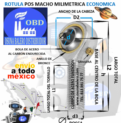 POS-10 L ROTULA MACHO d=10mm d3=ROSCA M10 X 1.5 IZQUIERDA MARCA OBD