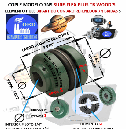7NS COPLE TB WOOD´S SURE-FLEX BIPARTIDO CON ARO RETENEDOR EXTERIOR 4.625” LARGO 3.938”