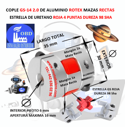 GS-14 COPLE ROTEX KTR DE ALUMINIO MAZAS ( 1A ) RECTAS CLAMP PILOTO EXTERIOR 30mm LARGO 35mm