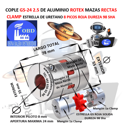 GS-24 2.5 COPLE ROTEX KTR DE ALUMINIO MAZAS ( 1A ) RECTAS CLAMP PILOTO EXTERIOR 55mm LARGO 78mm