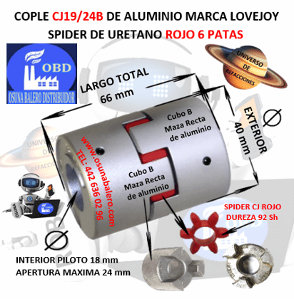 CJ19/24B COPLE LOVEJOY DE ALUMINIO MAZAS RECTAS EXTERIOR 40mm LARGO 66mm SPIDER CJ19 DUREZA 98A ROJO NO. PARTE 68514471442