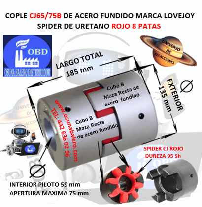 CJ65/75B COPLE LOVEJOY DE FIERRO MAZAS RECTAS EXTERIOR 135mm LARGO 185mm SPIDER CJ65 DUREZA 95A ROJO NO. PARTE 68514462061