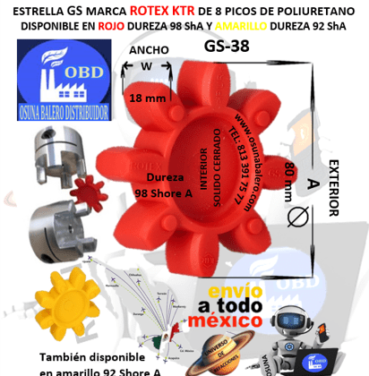 GS-38 SPIDER 98A ROJO ROTEX 8 PUNTAS CURVAS EXTERIOR A=80mm ANCHO W=18mm H=SOLIDO CENTRO CERRADO