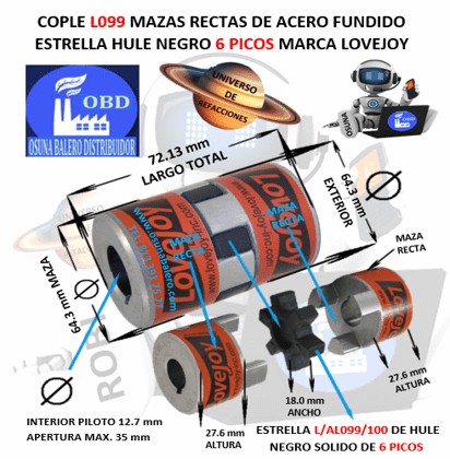 L099 COPLE LOVEJOY TIPO L DE ACERO BARRENO PILOTO 7/16"* EXTERIOR 64.30mm LARGO 72.13mm
