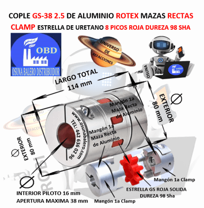 GS-38 2.5 COPLE ROTEX KTR DE ALUMINIO MAZAS ( 1A ) RECTAS CLAMP PILOTO EXTERIOR 80mm LARGO 114mm