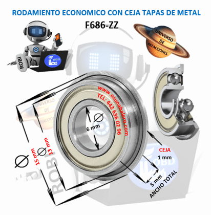 F686-ZZ RODAMIENTO ECONOMIC CON CEJA EXTERIOR 15mm INTERIOR=6mm EXTERIOR=13mm ALTURA=5mm