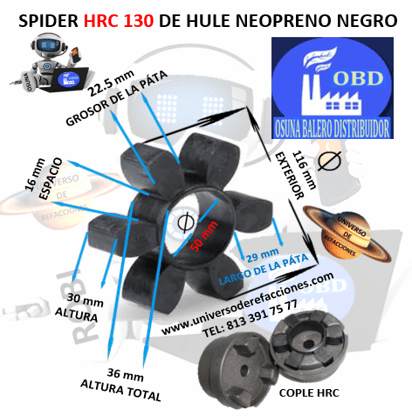 HRC 130 SPIDER ECONOMIC HULE NEOPRENO NEGRO EXTERIOR 116mm ALTURA 36mm