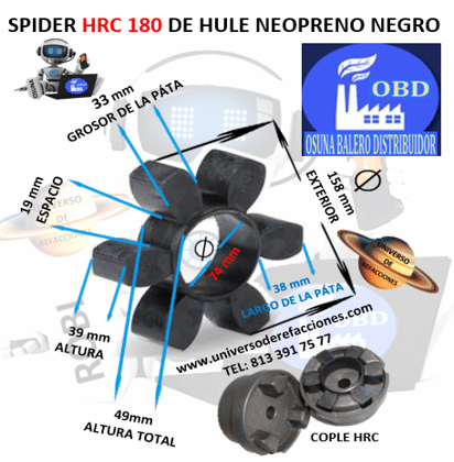 HRC 180 SPIDER ECONOMIC HULE NEOPRENO NEGRO EXTERIOR 158mm ALTURA 46mm
