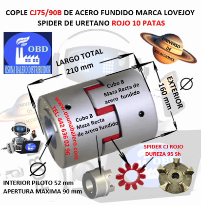 CJ75/90B COPLE LOVEJOY DE FIERRO MAZAS RECTAS EXTERIOR 160mm LARGO 210mm SPIDER CJ75 DUREZA 95A ROJO NO. PARTE 68514462062